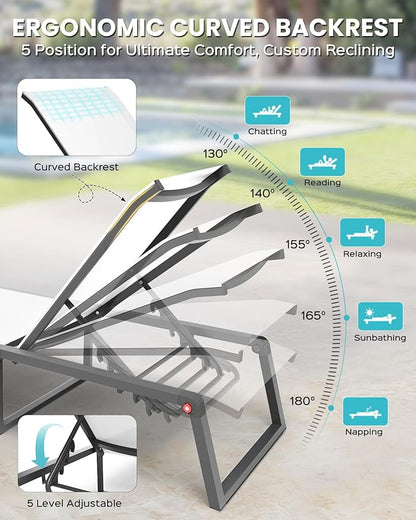 Aluminum Chaise Lounge Chair Outdoor, Foldable& No Assembly Patio Pool Lounge Chairs 5-Position Recliner for Outside, Fully Grounded Legs Sun Lounger for Poolside, Bright White