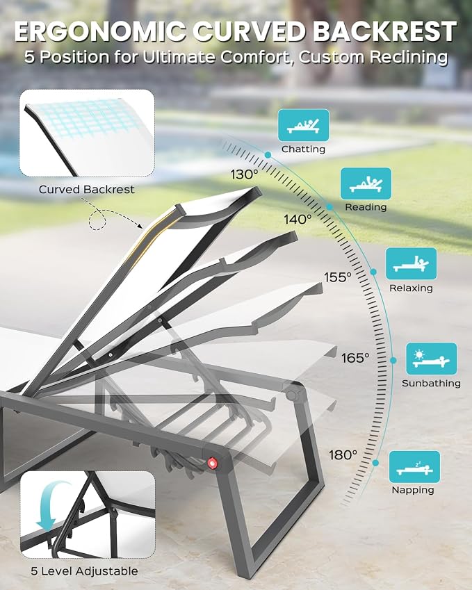 Aluminum Chaise Lounge Chair Outdoor, No Assembly & Foldable Patio Pool Lounge Chairs 5-Position Recliner for Outside, Fully Grounded Legs Sun Lounger for Poolside, 4 Packs, Bright White