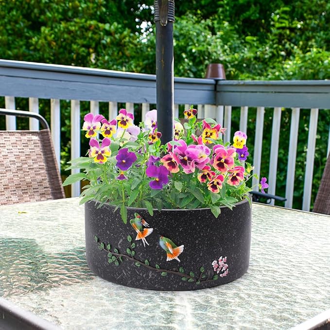 Patio Umbrella Planter 2 pcs Wrap Around Umbrella Planter with Umbrella Hole Half Round Flower Pot Black Outdoors with Drainage Holes（11.41 * 11.41 * 4.72inch） On Patio Table