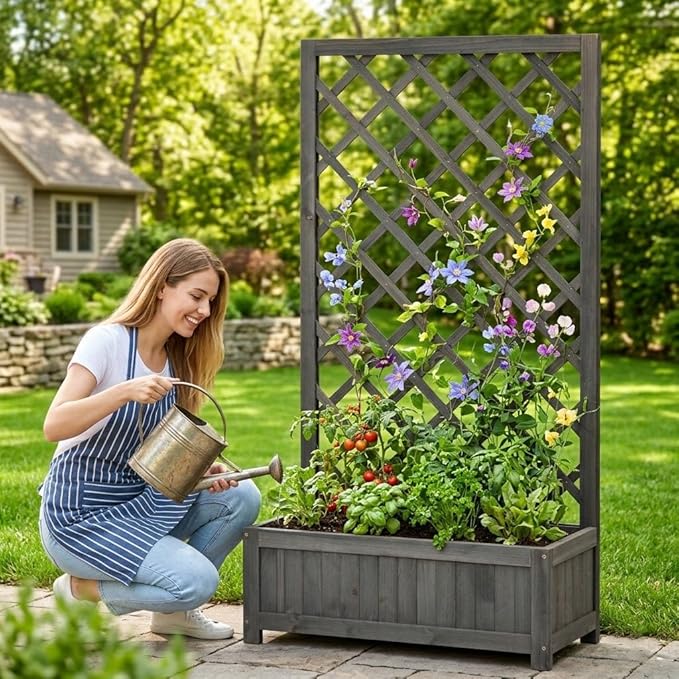 Wooden Raised Garden Bed with Trellis, 47" Outdoor Planter Box for Climbing Plants, Vertical Modern Gray Garden Planter for Vegetables, Flowers & Vines, Lattice Plant Support for Patio Yard Balcony