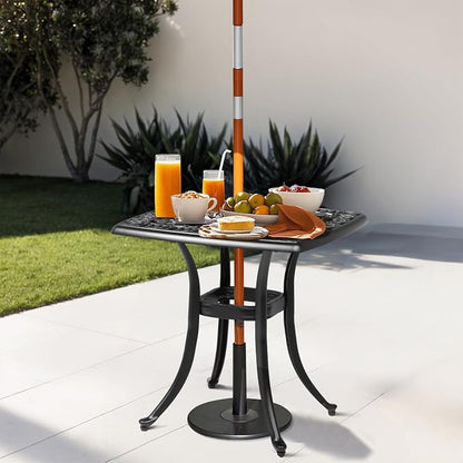 Outvita Patio Side Table, 21.3in Outdoor Square Cast Aluminum Bistro Table with Umbrella Hole and Antique Design for Backyard Porch Pool Balcony Deck Black