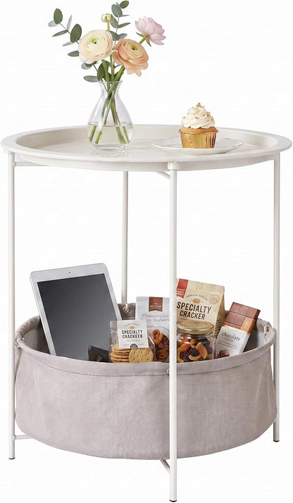 VECELO Round Side/End Table with Fabric Storage Basket，Metal Anti-Rust and Waterproof Small Bedside Nightstand with Removable Tray Top for Living Room，Balcony & Laundry，Beige/1pcs with Basket