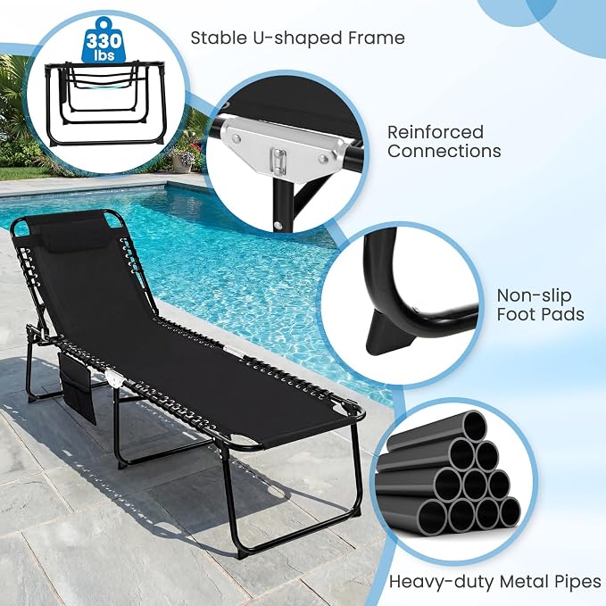 GYMAX Lounge Chairs for Outside, Extra High Folding Beach Tanning Lounger with Adjustable Backrest, Footrest & Removable Pillow, Sunbath Lounge for Patio, Lawn, Poolside (1, Black with Side Pocket)