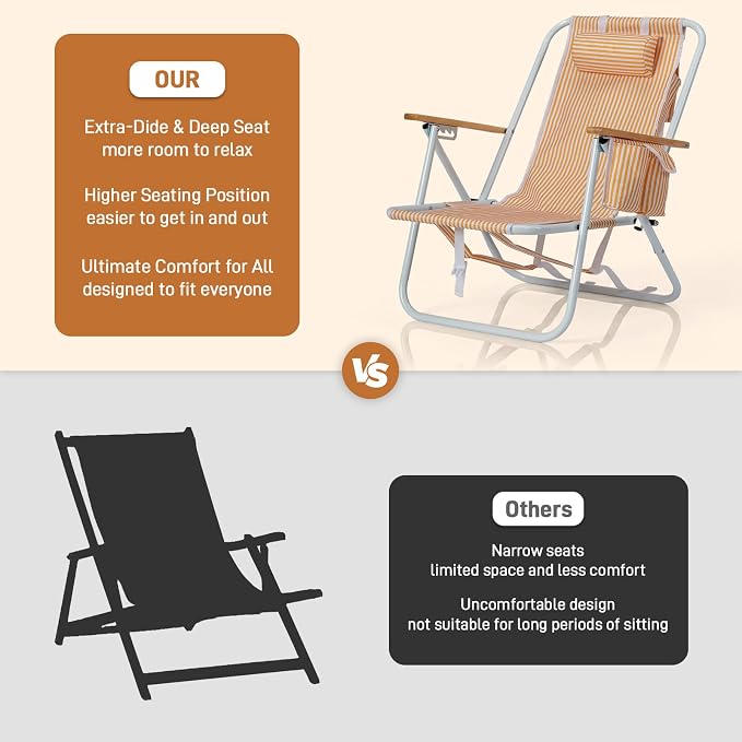 Outvita 2 Pack Folding Beach Chair, 4 Position Adjustable Reclining Lounge Chair with Padded Headrest, Large Rear & Side Storage Pockets, Lightweight Portable Outdoor Chair for Beach Pool Garden BBQ