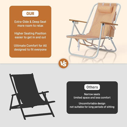 Outvita 2 Pack Folding Beach Chair, 4 Position Adjustable Reclining Lounge Chair with Padded Headrest, Large Rear & Side Storage Pockets, Lightweight Portable Outdoor Chair for Beach Pool Garden BBQ