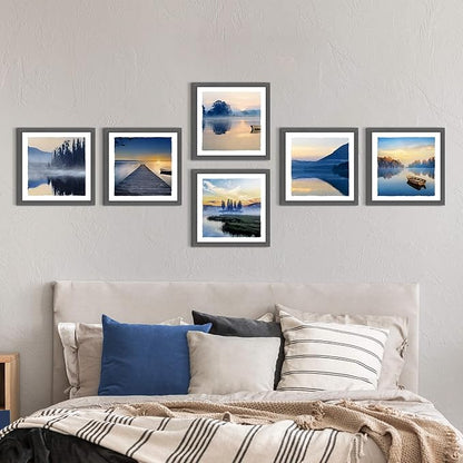 Framed Lake Scenery Wall Art: Calming Forest Fog Print Pictures Relaxing Nature Landscape Painting Contemporary Frames Mountain Tree Artwork 6 Pieces Sunset Picture for Bedroom Living Room