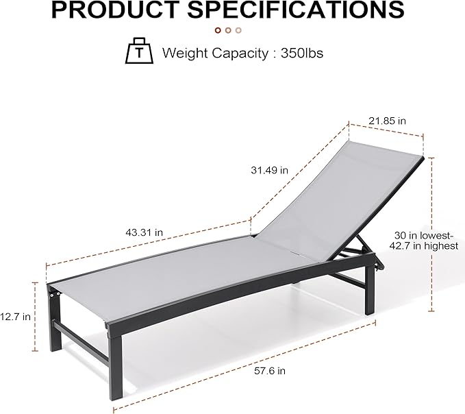 Crestlive Products Chaise Lounge Chair Outdoor, Adjustable 5 Positions Pool Tanning Recliner, Outdoor Lounge Furniture Perfect for Patio, Beach, Yard, Pool