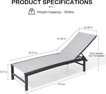 Crestlive Products Chaise Lounge Chair Outdoor Set of 2, Adjustable 5 Positions Pool Tanning Recliner, Outdoor Lounge Furniture Perfect for Patio, Beach, Yard, Pool