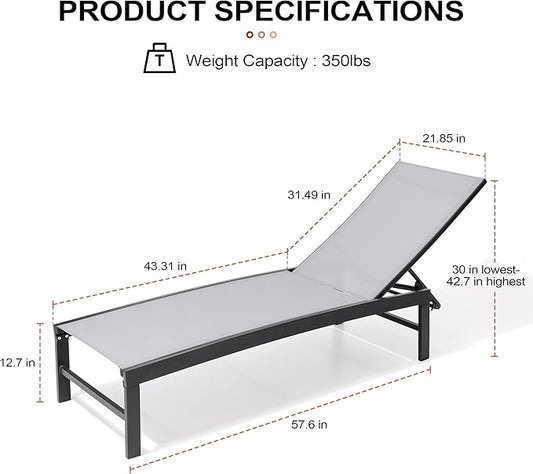 Crestlive Products 2PCS Chaise Lounge Chair Outdoor with 1PC Side Table, Adjustable 5 Positions Pool Tanning Recliner, Outdoor Lounge Furniture Perfect for Patio, Beach, Yard, Pool