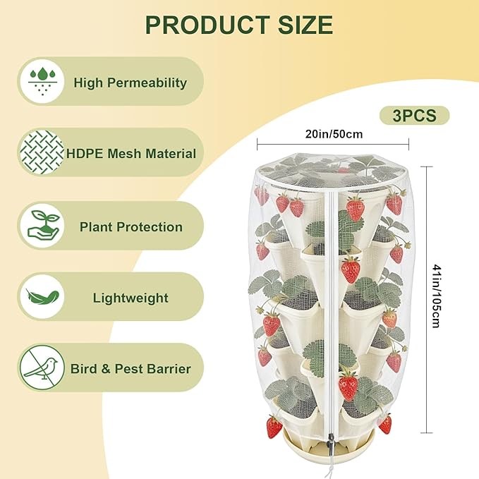 3Pack 41" x 20" Vertical Strawberry Pot Netting, Plant Pot Insect Netting with Zipper & Drawstring, Stackable Bird Barrier Planter Pot Garden Net Round Cover for Strawberry Fruit Vegetable from Animal