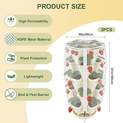 3Pack 41" x 20" Vertical Strawberry Pot Netting, Plant Pot Insect Netting with Zipper & Drawstring, Stackable Bird Barrier Planter Pot Garden Net Round Cover for Strawberry Fruit Vegetable from Animal