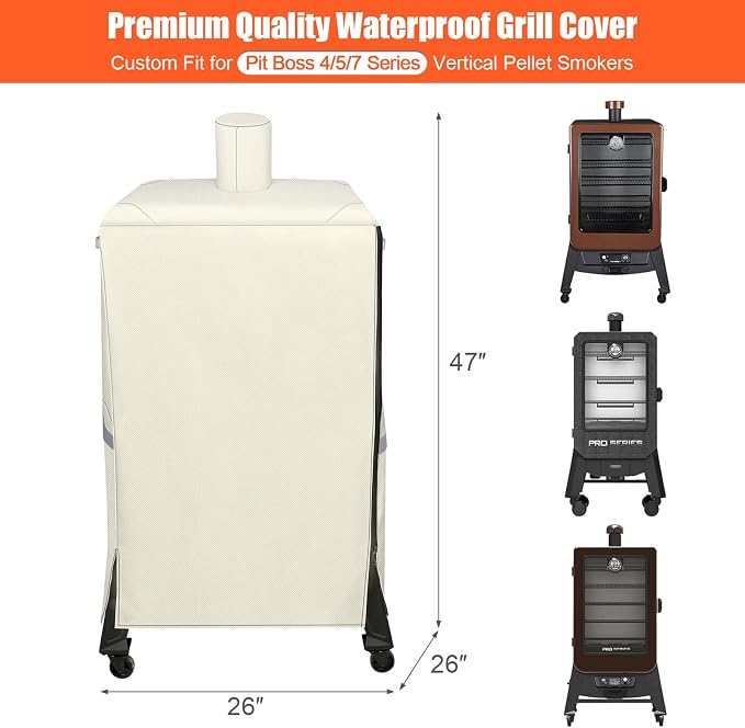 QuliMetal Vertical Smoker Cover for Pit Boss 4/5/7 Series Vertical Smokers, PBV4PS1, PBV5PW1, PBV4PS2, PBV5P1, 600D Waterproof Fade Resistant Grill Cover with Zipper Design for Pitboss 73550, Beige