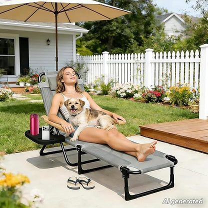 Folding Chaise Lounge Chair Outdoor, Folding Sun Lounger with 4-Position Reclining Back, Foldable Tanning Chair with Adjustable Headrest, Beach Lounge Chair for Poolside Backyard Camping (Gray)