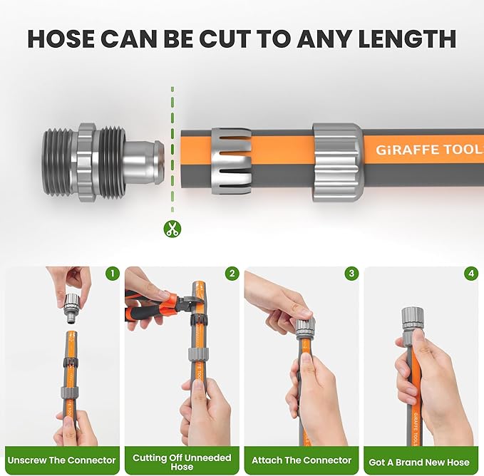 Giraffe Tools 100FT Garden Hose, 5/8" Lightweight Lay Flat Water Hose, No-Kink, Flexible Gardening Hose with Male to Female Aluminum Fitting, Customizable-Length Hose Pipe for Yard