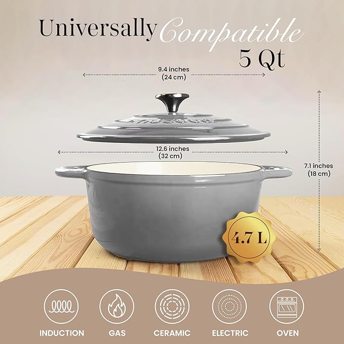 Cast Iron Pot with Lid-Non-Stick Ovenproof Enamelled Casserole Pot, Oven Safe up to 500° F-Sturdy Dutch Oven Cookware - Grey, 5-Quart, 24cm-by Nuovva