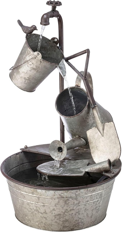 Alpine Corporation YHL106 Outdoor Floor 3-Tiered Metal Garden Tools Water Fountain, Tools and Faucet Waterfall, 28", Gray
