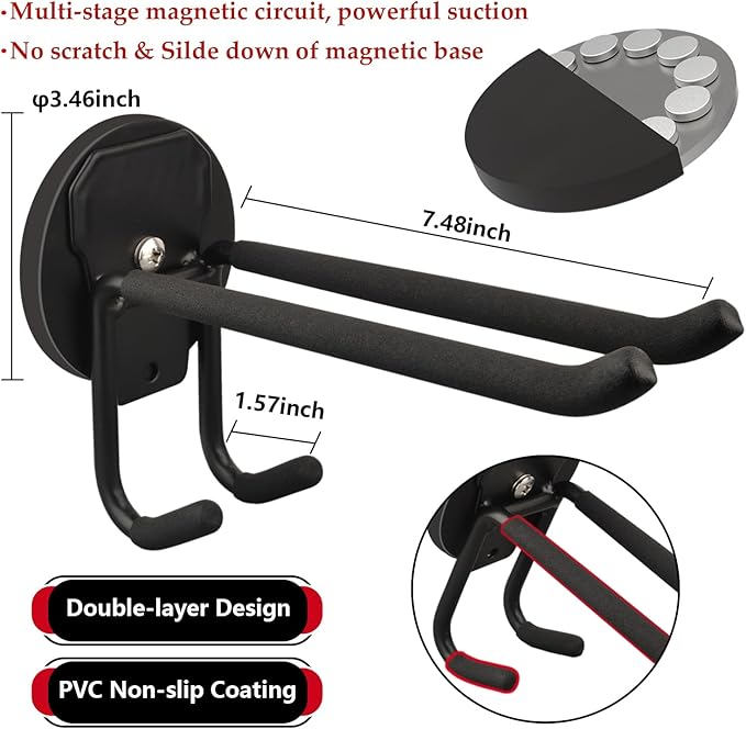 ULIBERMAGNET Double Layer Magnetic Hooks,Heavy Duty Magnetic Storage Hooks for Garden Tools,Shovel,Rope,Cable,Hose,Power Tool Organizer for Garages,Gardens,Workshop (2PACK/3.46INCH)