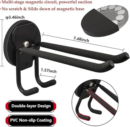 ULIBERMAGNET Double Layer Magnetic Hooks,Heavy Duty Magnetic Storage Hooks for Garden Tools,Shovel,Rope,Cable,Hose,Power Tool Organizer for Garages,Gardens,Workshop (2PACK/3.46INCH)