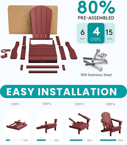 SERWALL Folding Adirondack Chair Outdoor Adirondack Chairs Weather Resistant Fire Pit Chairs for Patio - Red