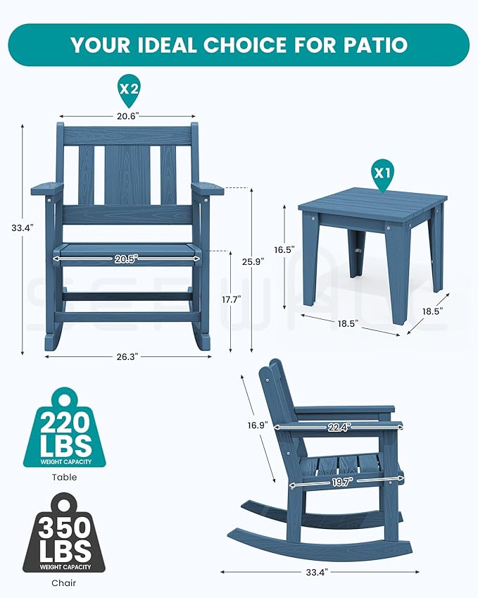 SERWALL 3 Piece Patio Rocking Bistro Set, Outdoor Bistro Set with Side Table, All Weather Outdoor Rocking Chair Set for Garden, Balcony, Backyard, and Porch- Blue