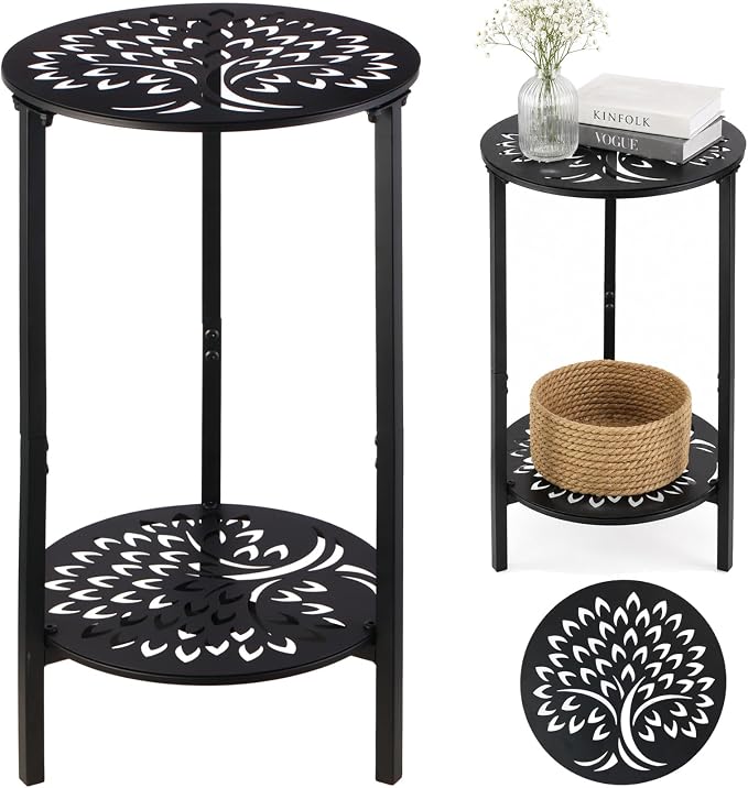 1 Pack 2-Tier Metal Round Side Table Black Accent Coffee Tables Small Space Corner Plant Stand Shelf for Indoor Outdoor Use Patio Balcony End Table Laser-Cut Floral Pattern Weather-Resistant