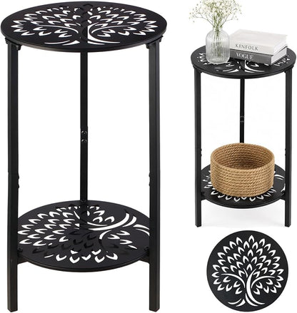 1 Pack 2-Tier Metal Round Side Table Black Accent Coffee Tables Small Space Corner Plant Stand Shelf for Indoor Outdoor Use Patio Balcony End Table Laser-Cut Floral Pattern Weather-Resistant