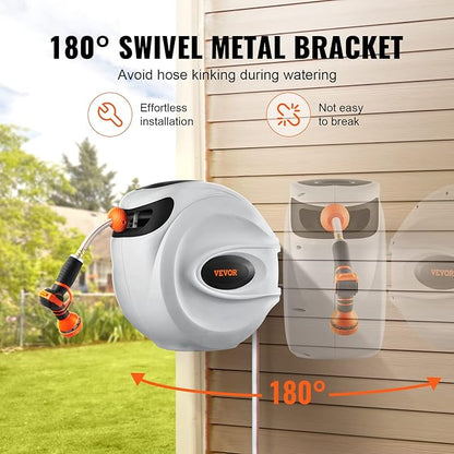 VEVOR Retractable Hose Reel, 100 ft x 1/2 inch, Garden Water Hose Reel with 9-Pattern Nozzle, 180° Swivel Bracket Wall-Mounted, Automatic Rewind, Lock at Any Length, with Slow Return System