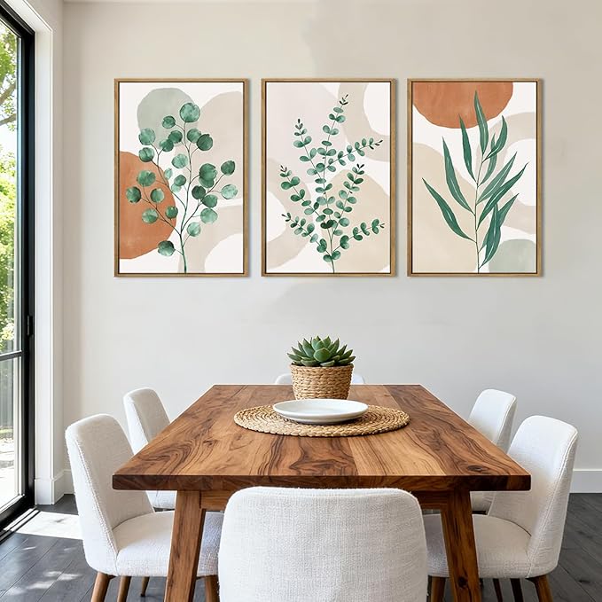 Anyzal Framed Boho Botanical Wall Art Large 16x24 Inch Abstract Green Plant Canvas Wall Decor Bohemian Modern pictures Painting for Living room Bedroom Dining room Set of 3