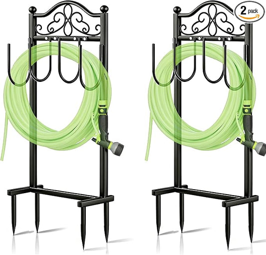 2 Pack Upgraded Garden Hose Holder - Heavy Duty Freestanding Metal Hose Holder with 4 Stabilizing Spikes, Sturdy Hose Hanger up to 100ft Hose for Yard, Lawn & Outdoor Garden (Black)