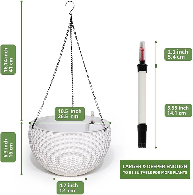 Dexceder 10.5 Inch Large Self Watering Hanging Planters Indoor Outdoor, Thickened Hanging Basket Flower Plant Pot with Water Level Indicator (White)