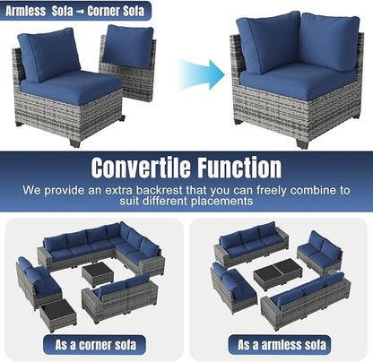 Aoxun 12 Pieces Patio Furniture Set Wicker Rattan Outdoor Sectional Conversation Set with Coffee Table and 4” Thickened Cushions, Gray Blue(Waterproof Cover Included)
