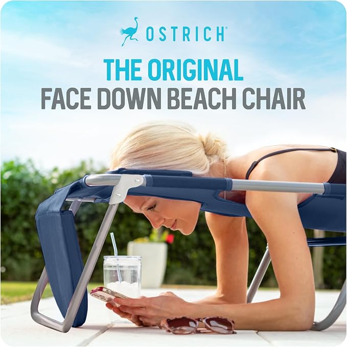 Ostrich the Woody Backpack 3N1 Portable Chair with Cooler Bag and Reclining Lounger for Tanning, Camping, Beach, and Outdoor Essential, Navy Blue