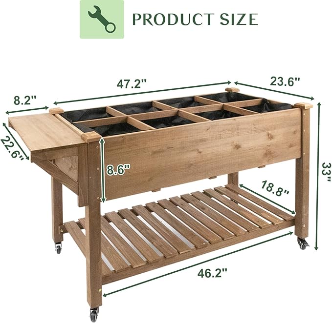 Raised Garden Bed Outdoor with Lockable Wheels, 55"x 24" x 33" Elevated Wood Planter Box for Backyard Balcony Patio, Garden Flower Beds with Drainage Holes & Storage Shelf, Gift for Gardening, Brown