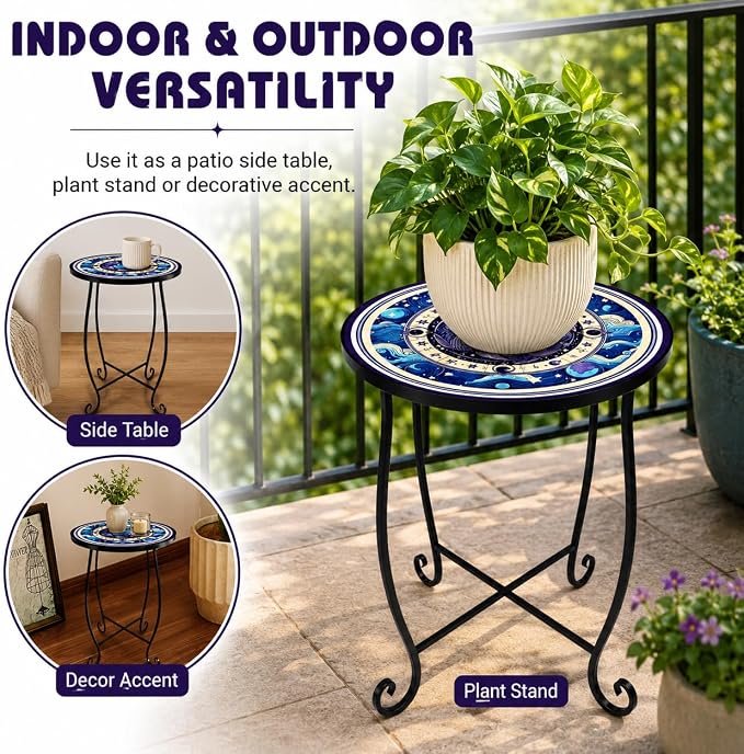 15 Inch Tall Outdoor Side Table, Metal Patio End Table with Twin Koi Fish Pattern, Rust Proof Black Small Garden Stool for Deck, Coastal Decor & Mermaid Table Gift