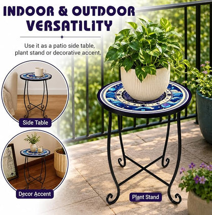 15 Inch Tall Outdoor Side Table, Metal Patio End Table with Twin Koi Fish Pattern, Rust Proof Black Small Garden Stool for Deck, Coastal Decor & Mermaid Table Gift