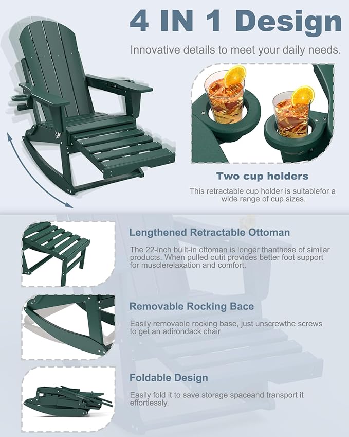 Adirondack Rocking Chairs Set of 2 with Retractable Ottoman, All Weather Folding Adirondack Chair with Two Cup Holders, Adirondack Outdoor Rocking Chairs for Porch, Patio, Balcony. Dark Green