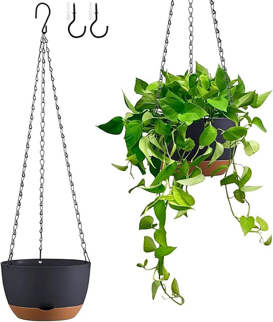 Set of 2 Hanging Planters for Indoor Outdoor Plants, 8 Inch Self-Watering Hanging Flower Pots with Drainage Hole & Removable Water-Storage Tray (Hooks)