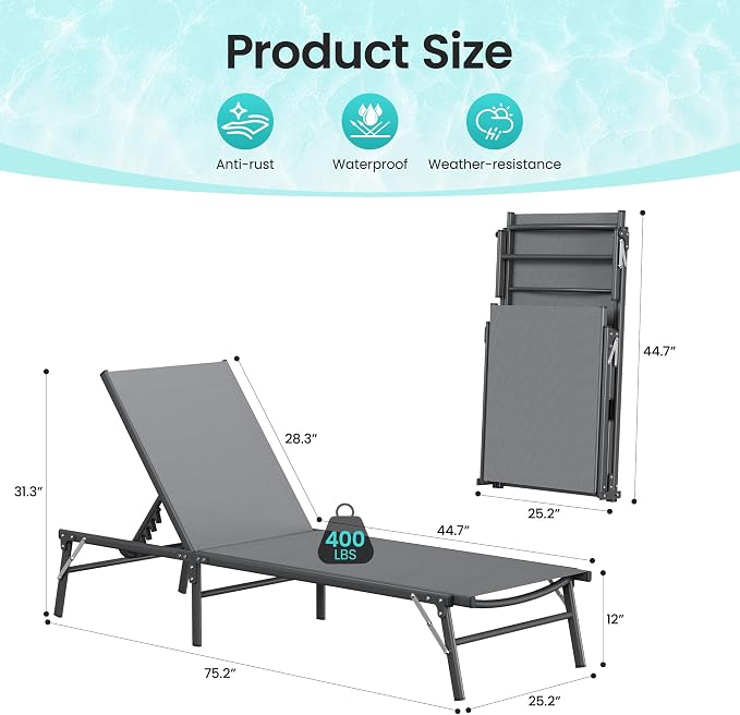 Amopatio Outdoor Lounge Chairs Poolside Chaise Lounge for Patio | Foldable & Portable & Stackble Weather Resistant Frame Breathable Textilene 5-Position Adjustable Backrest 400 LBS Capacity
