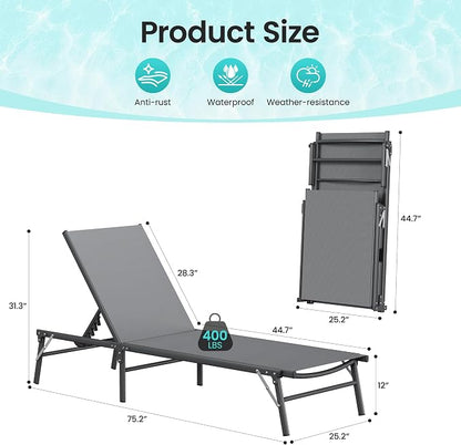 Amopatio Outdoor Lounge Chairs Poolside Chaise Lounge for Patio | Foldable & Portable & Stackble Weather Resistant Frame Breathable Textilene 5-Position Adjustable Backrest 400 LBS Capacity