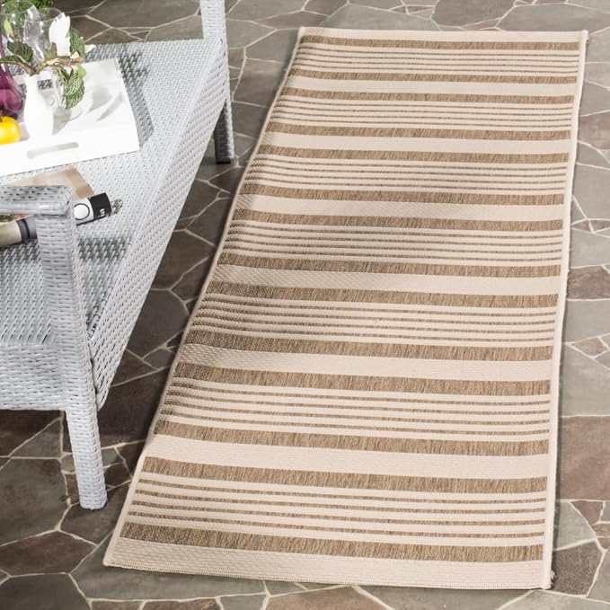 SAFAVIEH Courtyard Collection Runner Rug - 2'3' x 6'7', Brown & Bone, Stripe Design, Non-Shedding & Easy Care, Indoor/Outdoor & Washable-Ideal for Patio, Backyard, Mudroom (CY6062-242)