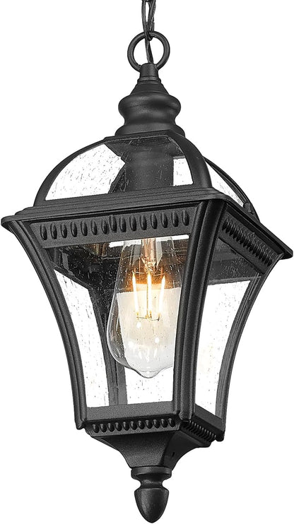 Emliviar Modern Outdoor Hanging Porch Light, 15.8" Black Pendant Lantern with Water Ripple Glass, Outdoor Ceiling Pendant Lamp for Patio, Entryway, XE266H-S BK