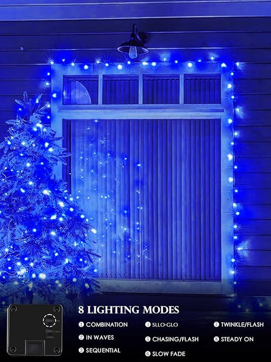 Solar Christmas Lights Outdoor Decorations Waterproof, Tatal 4 Pack 400LED 132FT Blue Solar String Lights Green Wire with 8 Modes, Christmas Fairy Light for Xmas Tree Party Wedding Yard Garden Decor