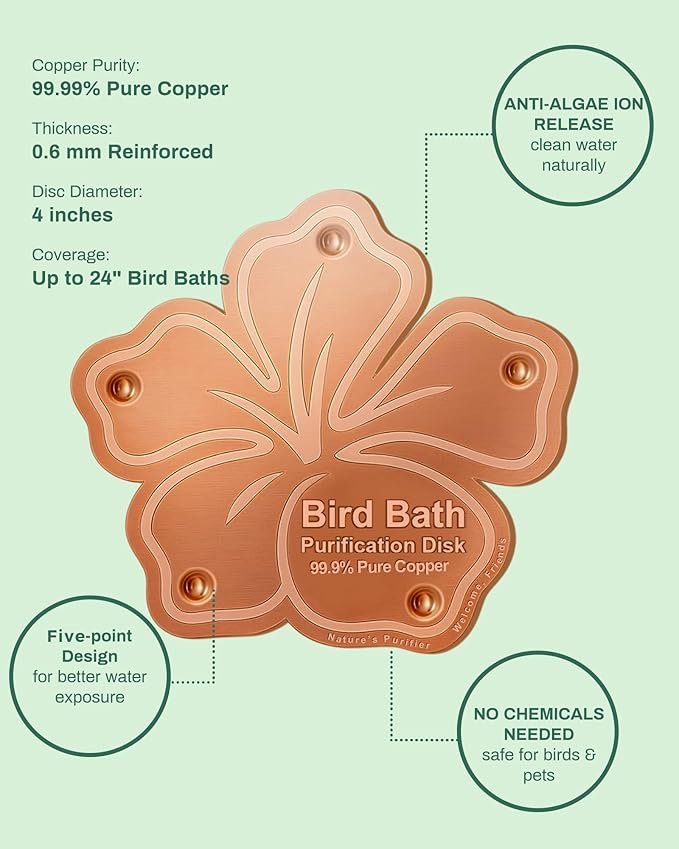 Bird Bath Purification Disk Pure Copper Outside Winter Solar Power Birdbath Water Backyard Winter Solar Power Hummingbird Cleaner Pedestal Fountain Bowl Metal Warmer Railing Accessories Gift