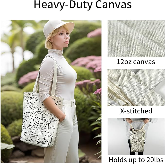 itgowisa Canvas Tote Bag for Women, Tote Bag with Zipper Inner Pocket, Zippered Canvas Bag for Shopping Work Grocery Everyday