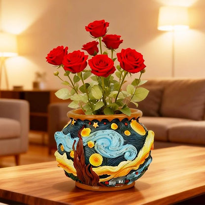 Starry Night Floral Planter, Unique and Interesting Abstract Art Flower pots, Vibrant Colors, Perfect for Home/Garden Artistic Decoration (Starry Sky)