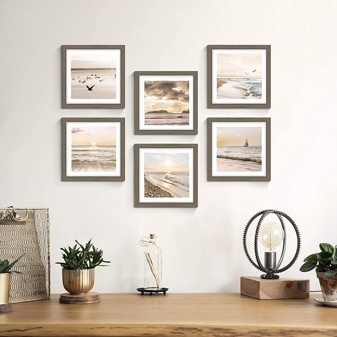 Framed Ocean Photo Wall Art: Modern Relaxing Beach Artwork Nature Coastal Dusk Scenery Picture 6 Pieces Seaside Seagulls Prints Horizontal Sunset Seascape Painting for Bedroom Bathroom