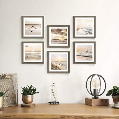Framed Ocean Photo Wall Art: Modern Relaxing Beach Artwork Nature Coastal Dusk Scenery Picture 6 Pieces Seaside Seagulls Prints Horizontal Sunset Seascape Painting for Bedroom Bathroom