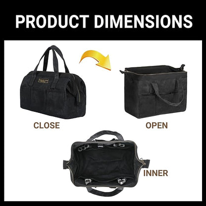 Tool Bag with Zipper, Heavy Duty 16oz Waxed Canvas Wide Mouth Tool Tote Bag, 13-inch Muti-Purpose Storage Tool Pouch with Side Pockets