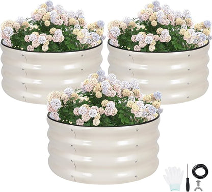 G GOOD GAIN Round Raised Garden Bed - 3Pcs 2x2x1ft Galvanized Steel Planter Boxes Outdoor with Rubber Edge Trim | Metal Raised Beds for Gardening Vegetables Flowers Fruits Herbs (White)