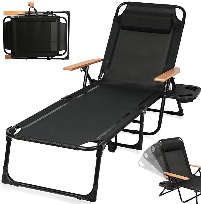 Beach Lounge Chairs with Armrests, 4-Position Folding Lounge Chairs for Outside, Sunbathing Portable Lounge Chaise, Tanning Chair Pillow & Cup Holder, for Outside Beach Pool (Black)